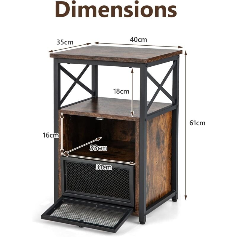 Costway - Table de Chevet Industrielle à 2 Compartments et 2 Étagères, Bout de Canapé Cadre Métal avec Porte à Bascule en Maille Fer, Table d'Appoint
