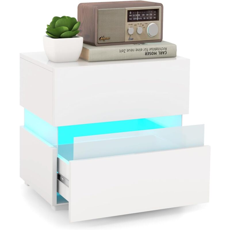 Costway - Table de Chevet led 2 Tiroir, Table de Nuit Lumineuse Télécommandée, 22 Modes, 5 Luminosités, 10 Vitesses, Panneaux Acryliques, Table