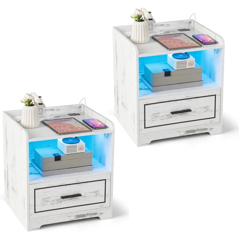 Costway - Table de Chevet led avec 1 Port usb et 1 Port Type-C et Tiroir, Table de Nuit Lumineuse 3 Couleurs Réglables avec Compartiment, Capteur