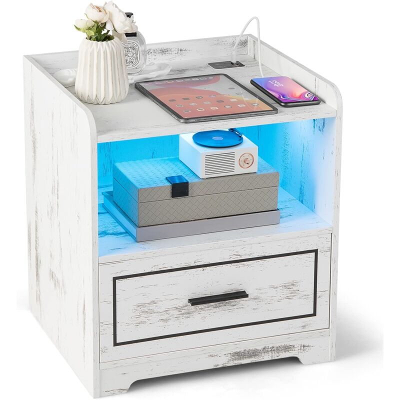 COSTWAY Table de Chevet LED avec port USB et TYPE-C, étagère ouverte et tiroir, 3 Couleurs de Lumière, Capteur Intelligent, 45 x 40 x 50 cm