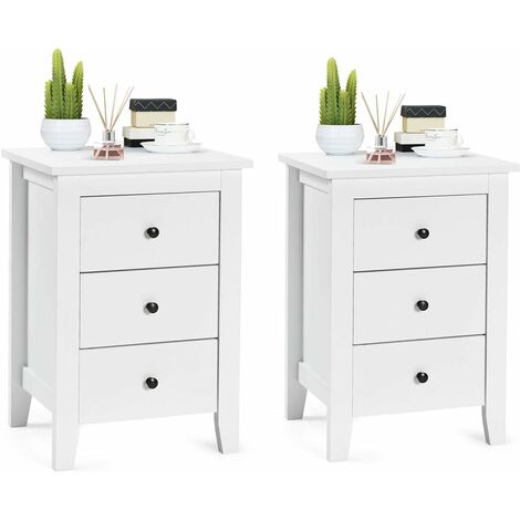 COSTWAY Table de Chevet Lot de 2 avec 3 Tiroirs, Table de Nuit Moderne pour Chambre à Coucher, Bout de Canapé pour Salon, 46 x 37 x 65 cm, Blanc