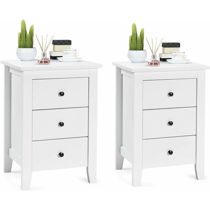Costway - Table de Chevet Lot de 2 avec 3 Tiroirs, Table de Nuit Moderne pour Chambre à Coucher, Bout de Canapé pour Salon, 46 x 37 x 65 cm, Blanc