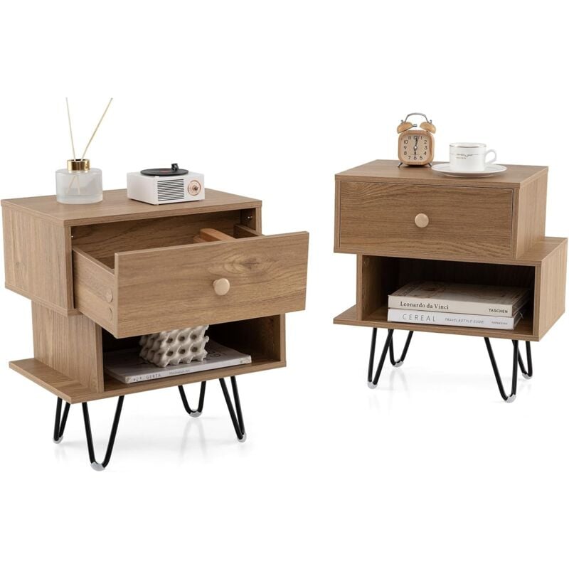 Costway - Table de Chevet Lot de 2 avec Tiroir, 4 Pieds en Métal Surélevés, Chevet de Lit Bois avec Compartiment, Design Irrégulier, Table de Nuit
