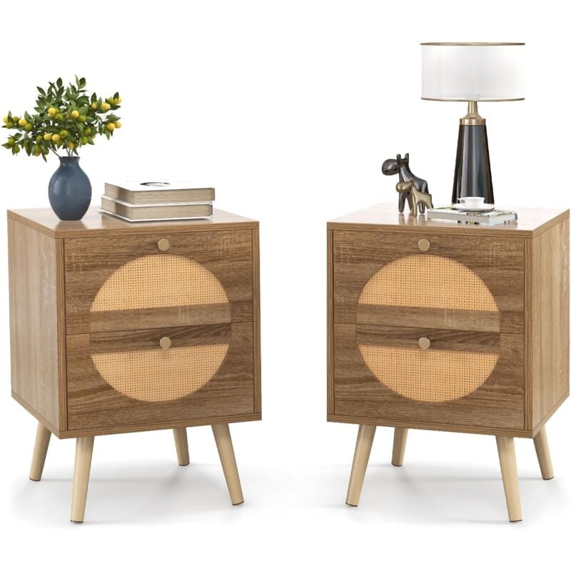 Costway - Table de Chevet Lot de 2, Table d'Appoint 2 Tiroirs, Design Rotin Cannage, Pieds en Bois Massif, Table de Nuit Bohème pour Chambre, Salon,