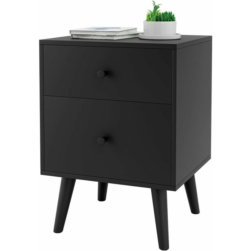 Table de Chevet, Table de Nuit à 2 Tiroirs en Bois d'Hévéa Massif de Style Moderne 45 x 39,5 x 62 cm, Noir - Costway