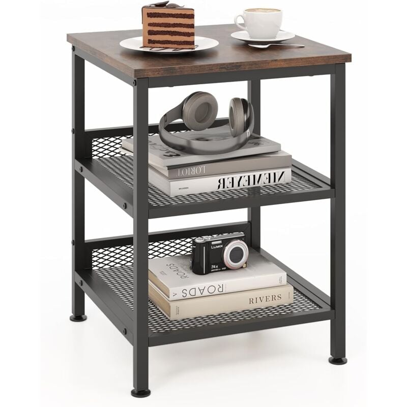 Costway - Table d'Appoint à 3 Niveaux, Table de Nuit avec 2 Étagères en Maille Métallique, Petite Table Basse Industrielle, pour Salon, Chambre,