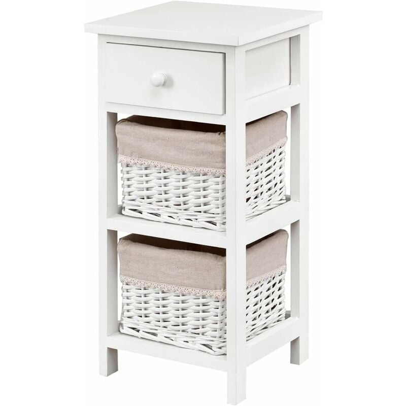 Table de Chevet, Table de Nuit en Bois de Paulownia avec 1 Tiroir et 2 Panier d'Osier - Costway