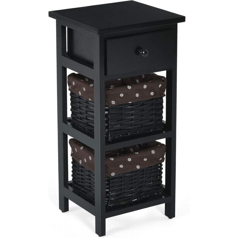 Costway - Table de Chevet, Table de Nuit en Bois de Paulownia avec 1 Tiroir et 2 Panier d'Osier Noir