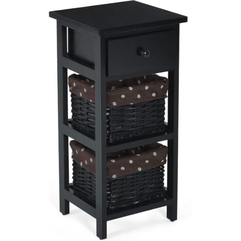 COSTWAY Table de Chevet, Table de Nuit en Bois de Paulownia avec 1 Tiroir et 2 Panier d'Osier Noir