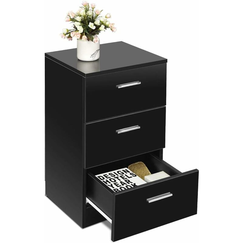 Costway - Table de Chevet Table de Nuit Noir en Bois avec 3 Tiroirs 35 x 38 x 67 cm pour Chambre Salon Entrée Bureau