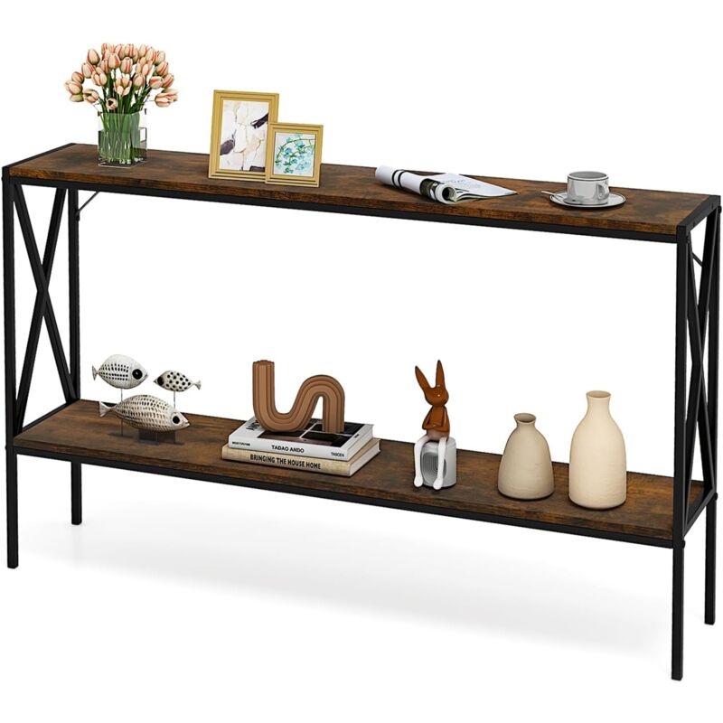 Table de Console 2 Étagères, Console Meuble Entrée Industrielle, Structure x en Fer, Dispositif Anti-Renversement, pour Salon, Couloir, Entrée
