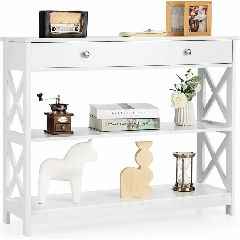 Costway - Table de Console, Table d'Entrée avec 1 Tiroir et 2 Etagères de Rangement pour Couloir, Salon,100 x 30 x 80 cm Blanc