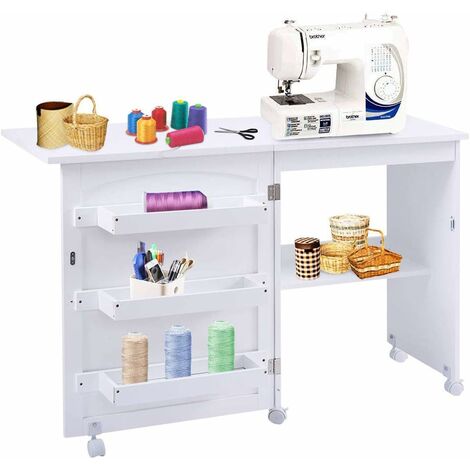 Table De Couture Pliable Avec Roulettes - Bureau Machine à Coudre + Rangement 4 étagères - 117x40x77 Cm