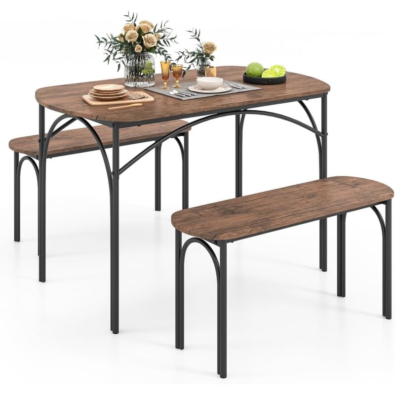 Table de Cuisine avec 2 Bancs, Meuble Salle a Manger 4 Personnes, Design Ovale, Cadre en Métal, Ensemble Table et 2 Bancs, 120 x 70 x 76 cm - Costway