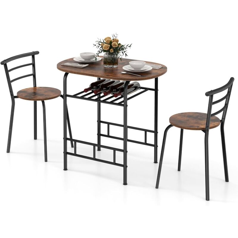 Table de Cuisine avec Chaise pour 2 Personnes, Table Cuisine Petit Espace avec Porte-Bouteilles, Table à Manger Ronde Cadre en Métal pour Bistro,
