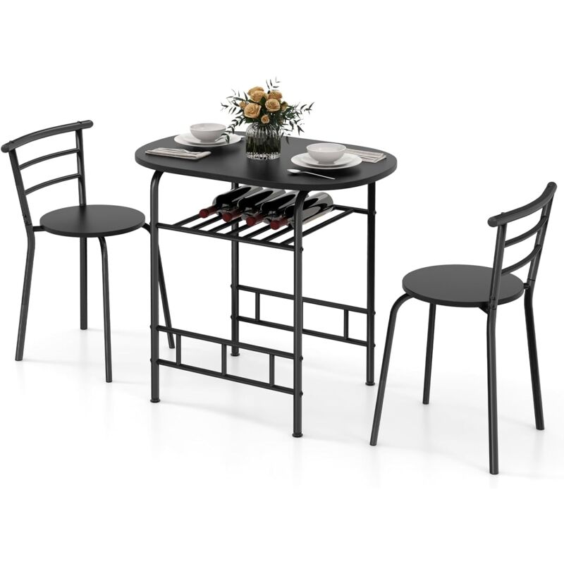 Table de Cuisine avec Chaise pour 2 Personnes, Table Cuisine Petit Espace avec Porte-Bouteilles, Table à Manger Ronde Cadre en Métal pour Bistro,