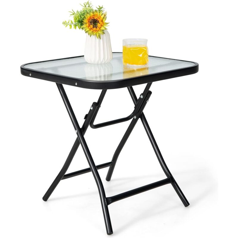 Table de Jardin Bistro Pliante, avec Plateau en Verre Trempé, Cadre en Acier, 46,5x46,5x47,5cm, pour Intérieur et Extérieur Patio Balcon Terrasse,