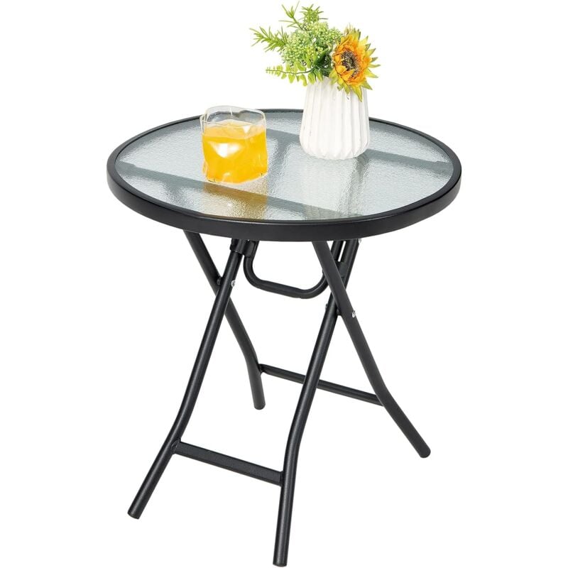 Table de Jardin Bistro Ronde Pliante, avec Plateau en Verre Trempé, Cadre en Acier φ46x47,5cm pour Intérieur et Extérieur Patio Balcon Terrasse,
