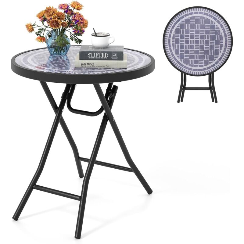 Table de Jardin Bistro Ronde Pliante de 46 cm, Table Basse Extérieur avec Plateau en Verre Trempé, Cadre en Métal Robuste pour Patio Balcon Terrasse,
