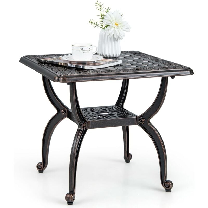 Table de Jardin Carrée 53 cm en Fonte d'Aluminium, Table d'Appoint d'Extérieur avec Étagère de Rangement Motif Floral Sculpté Creux, pour Patio