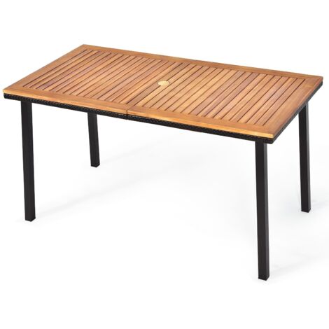Costway – Table de jardin en bois d'acacia certifié FSC 140x75x76 cm – Trou de parasol Ø4,5 cm – Pour 6 à 8 personnes – Cadre en métal