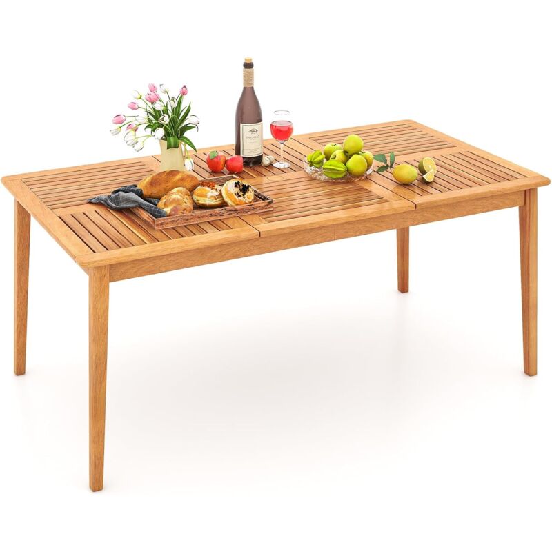 Table de Jardin en Bois d'Acacia pour 6 Personnes, Table de Salle à Manger d'Extérieur Rectangulaire de 170 x 90 cm avec Trou pour Parasol 5 cm, pour