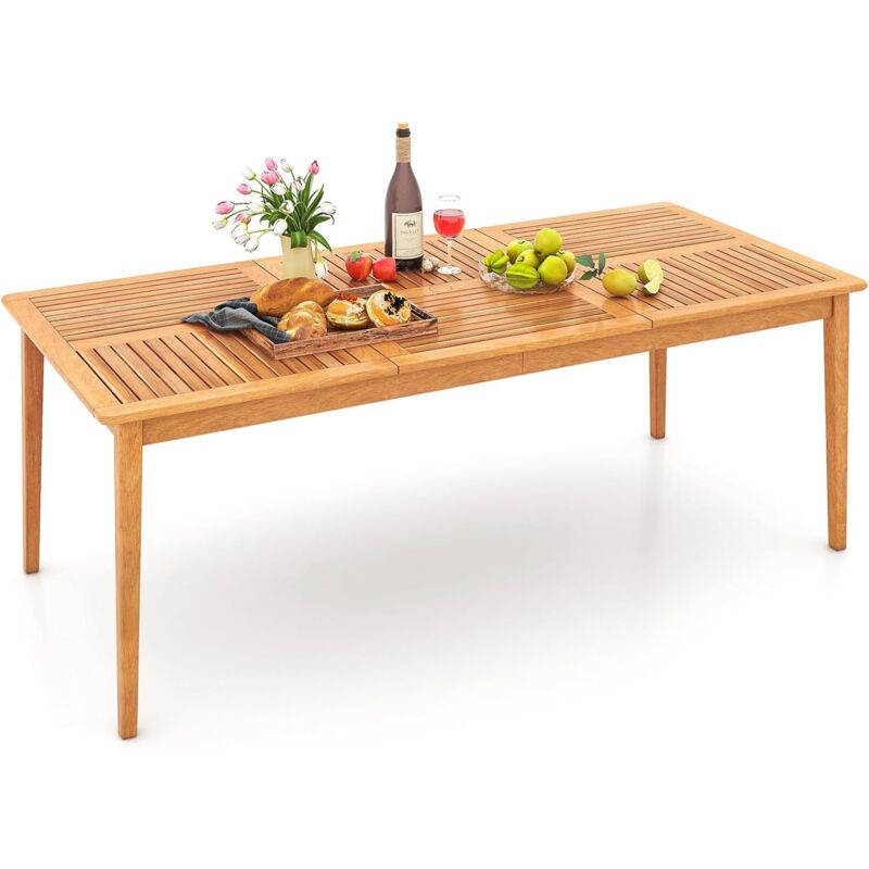 Table de Jardin en Bois d'Acacia pour 8 Personnes, Table de Salle à Manger d'Extérieur Rectangulaire de 200 x 90 cm avec Trou pour Parasol 5 cm, pour