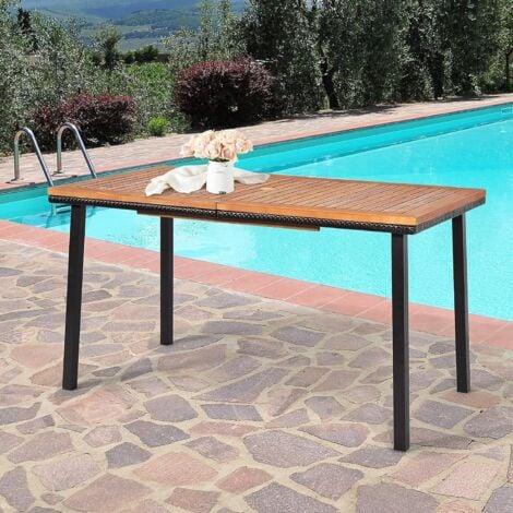 COSTWAY Table de Jardin en Bois d'Acacia Pré-huilé Certifié FSC 140x75x76CM avec Trou de Parasol/Table à manger pour 6-8 Personnes