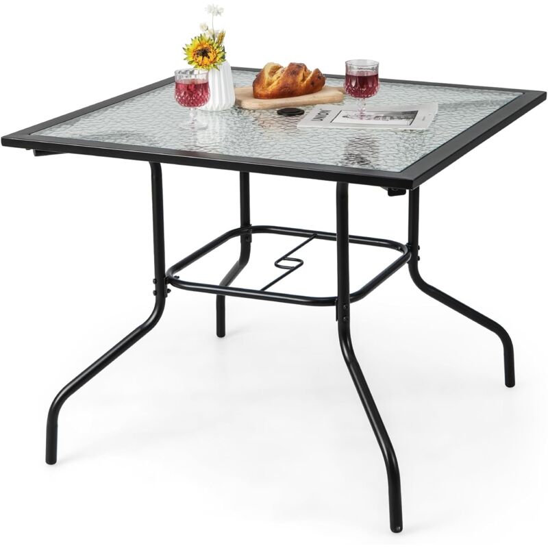 Table de Jardin en Verre Trempé 89 x 89 cm, Table d'Appoint avec Trou pour Parasol 38 mm, Cadre en Métal Robuste, Table Basse Carrée Extérieure pour