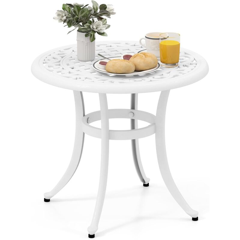 Table de Jardin Ronde 60 cm en Fonte d'Aluminium, Table d'Appoint d'Extérieur avec Repose-Pieds Réglables, Table Basse Extérieure pour Patio Piscine