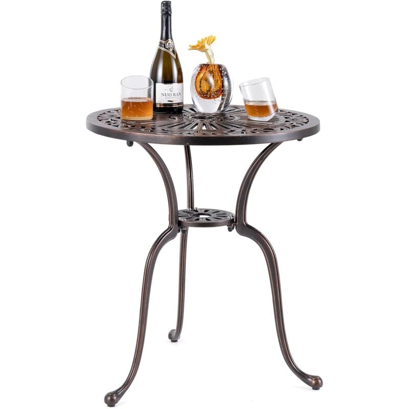 Table de Jardin Ronde 61 cm en Fonte d'Aluminium, Table d'Appoint d'Extérieur avec Trou pour Parasol Repose-Pieds Réglables, pour Patio Piscine