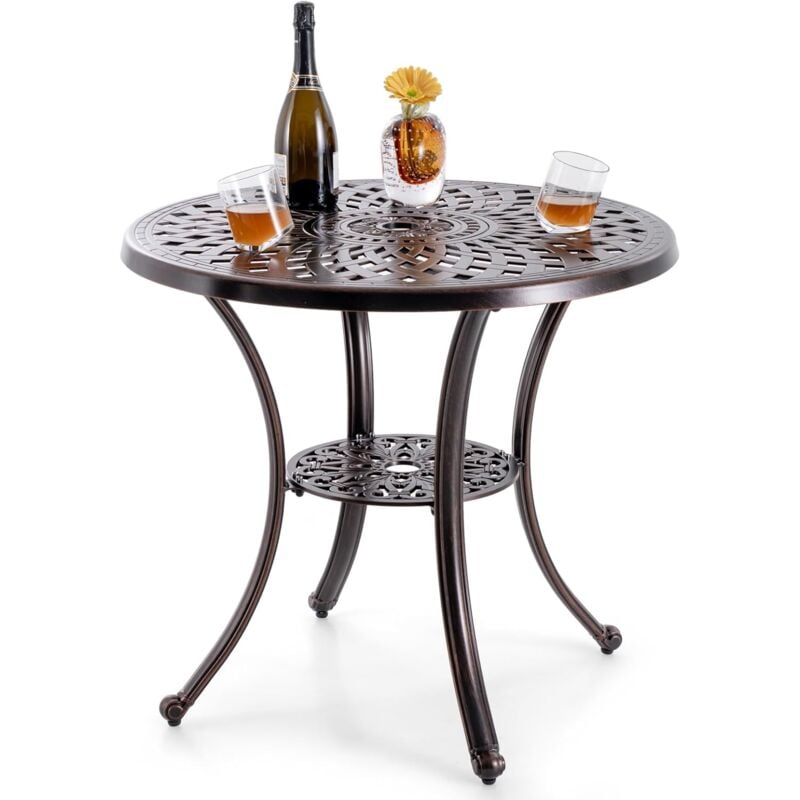 Table de Jardin Ronde 79 cm en Fonte d'Aluminium, Table d'Appoint d'Extérieur avec Trou pour Parasol Repose-Pieds Réglables, pour Patio Piscine
