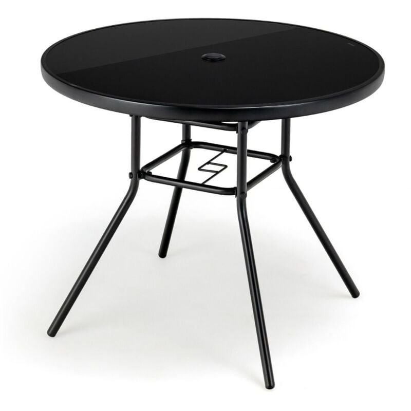 Table de Jardin Ronde 86 cm en Verre Trempé Table d'Appoint d'Extérieur avec Trou pour Parasol de 3,5 cm Cadre en Métal - Costway