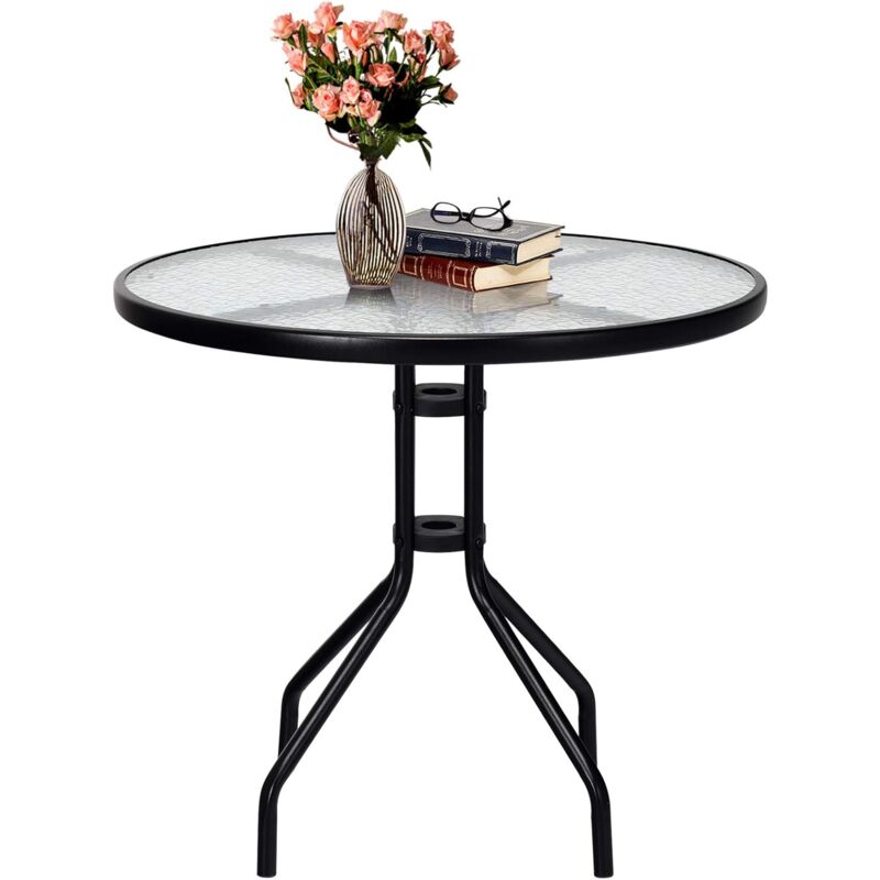 Table de Jardin Ronde en Verre Trempé 70 cm, Table Basse de Patio avec Cadre en Métal Robuste et Trou pour Parasol, Table à Manger d'Extérieur pour