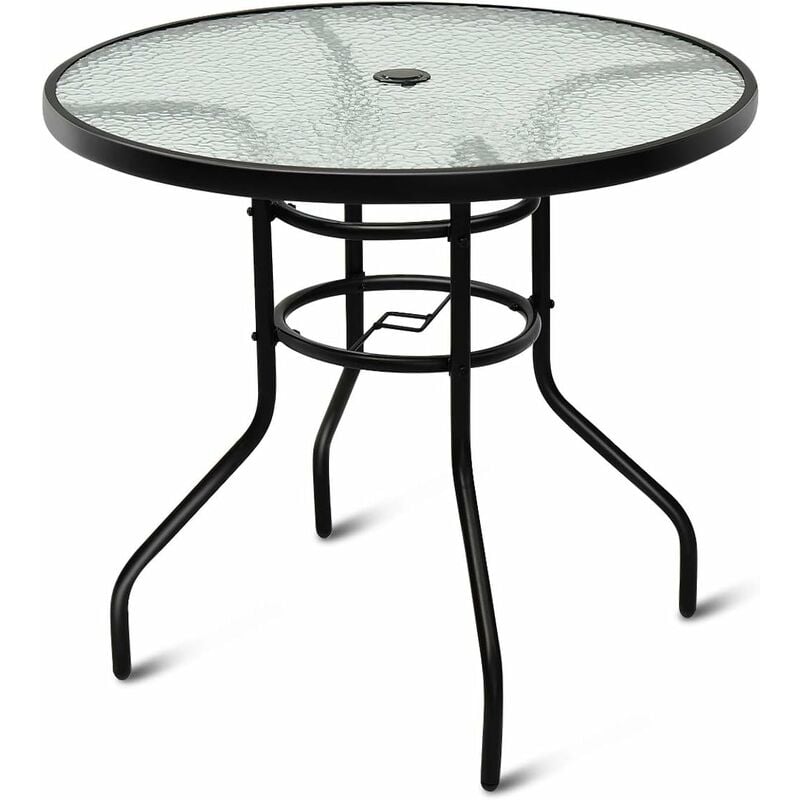 Table de Jardin Ronde en Verre Trempé Plateau ø 80 cm avec Trou de Parasol Hauteur 70 cm pour, Bistro,Patio, Terrasse Noir - Costway