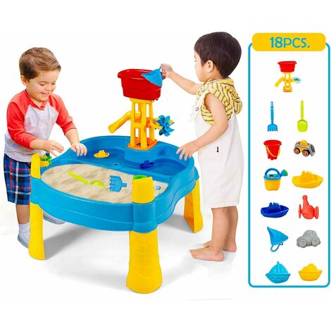 COSTWAY Table de Jeux Sable et d'Eau pour Enfants avec Emplacement pour Parasol et 18 Accessoires, pour Extérieur et Intérieur
