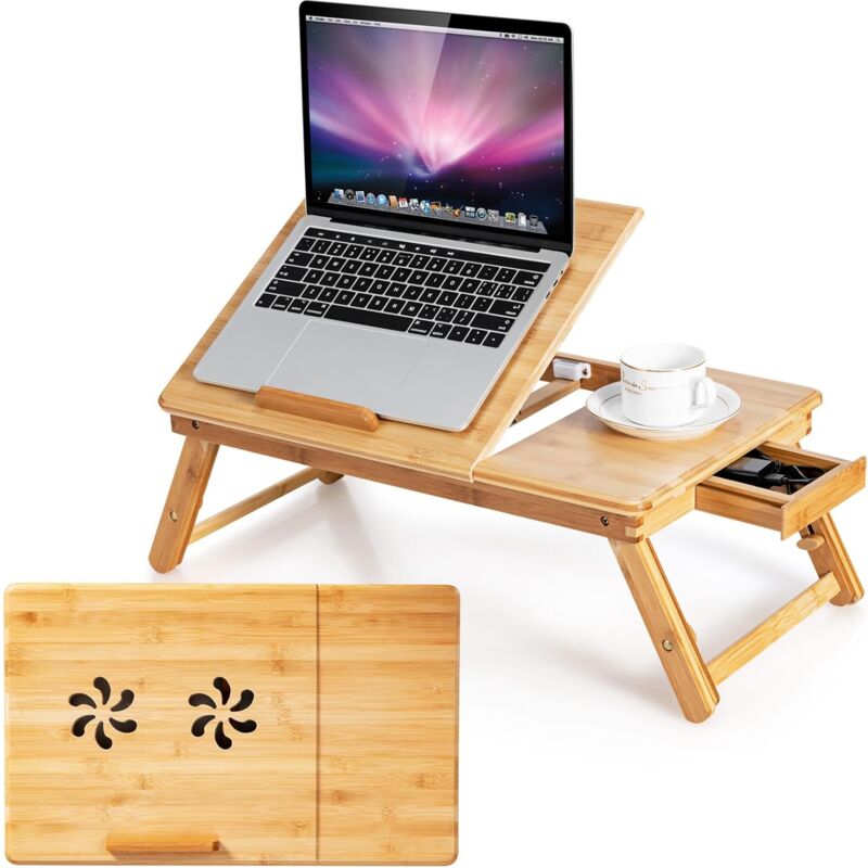 COSTWAY Table de Lit Pliable 53 x 33 cm, Plateau de Lit en Bambou avec Pieds Réglables et Plateau Inclinable, Support d'Ordinateur Portable avec