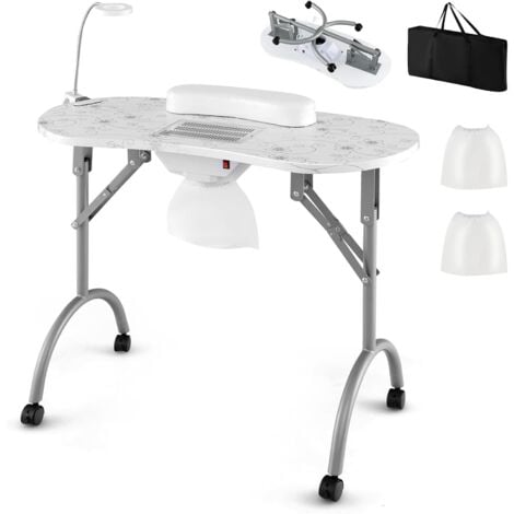 COSTWAY Table de Manucure Pliante avec Collecteur de Poussière Électrique, Bureau d’Esthéticienne avec Lampe LED Coussin pour Poignet Sac de Transport 4 Roues Verrouillables (Blanc,90 x 43 x 73 cm)