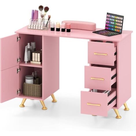 COSTWAY Table de Manucure Professionnelle avec 2 Armoires 3 Tiroirs, Station de Technicienne en Ongles avec Repose-Poignet Pieds en Métal, pour Salon de Beauté Spa 90 x 43 x 74 cm (Rose)