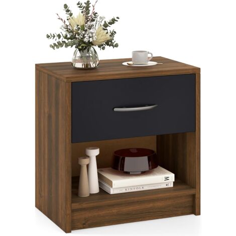 COSTWAY Table de Nuit avec Tiroir, Table de Chevet avec Étagère Ouverte, Chevet de Lit pour Petit Espace, Table d'Appoint Moderne pour Salon, Chambre (Marron Noir,1 tiroir)