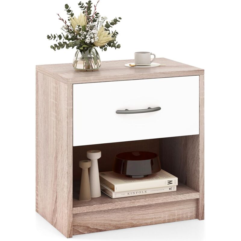 Costway - Table de Nuit avec Tiroir, Table de Chevet avec Étagère Ouverte, Chevet de Lit pour Petit Espace, Table d'Appoint Moderne pour Salon,