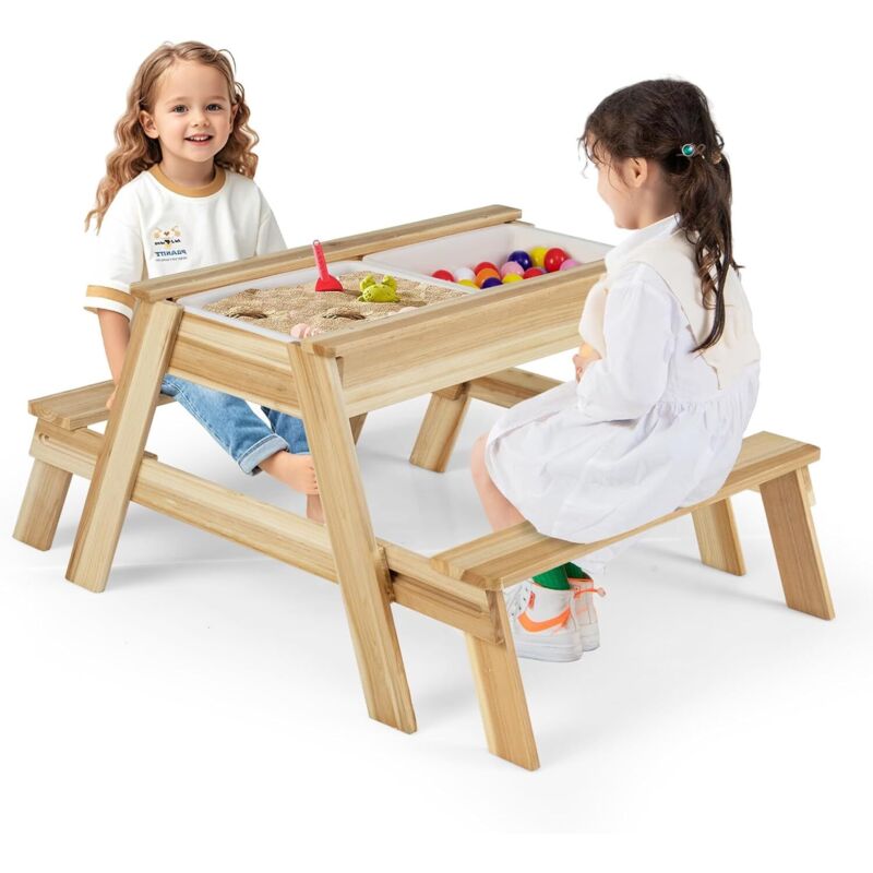 COSTWAY Table de Pique-Nique Enfant en Bois avec Plateau Amovible et 2 Bacs, Table Sensorielle Enfant avec 2 Bancs Coulissants, Mobilier de Jardin