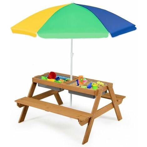 Costway – Table de pique-nique enfants 3 en 1 avec parasol amovible – Bac à sable et réservoir d'eau – Pour 4 enfants de 3-7 ans – Charge 50kg