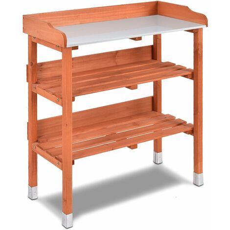 COSTWAY Table de Rempotage en Bois avec Plateau en Métal 2 Étagères Inférieures Ouvertes et 5 Crochets Latéraux pour Cour Pelouse