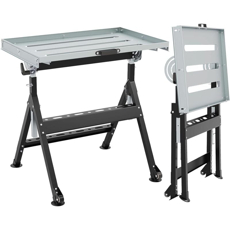 Table de Soudage Pliante avec Plateau de 78x51 cm, Établi de Soudage 2 Roues Fixes 4 Hauteurs 80-95 cm 5 Angles d'Inclinaison 3 Fentes et 2 Supports
