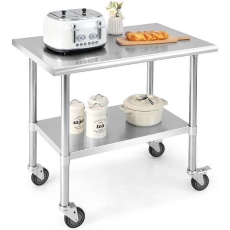 Costway – Table de travail cuisine 61 x 92 cm en acier inoxydable – 2 niveaux – 2 roues verrouillables – Plateau réglable – Charge 250 kg – Intérieur/extérieur