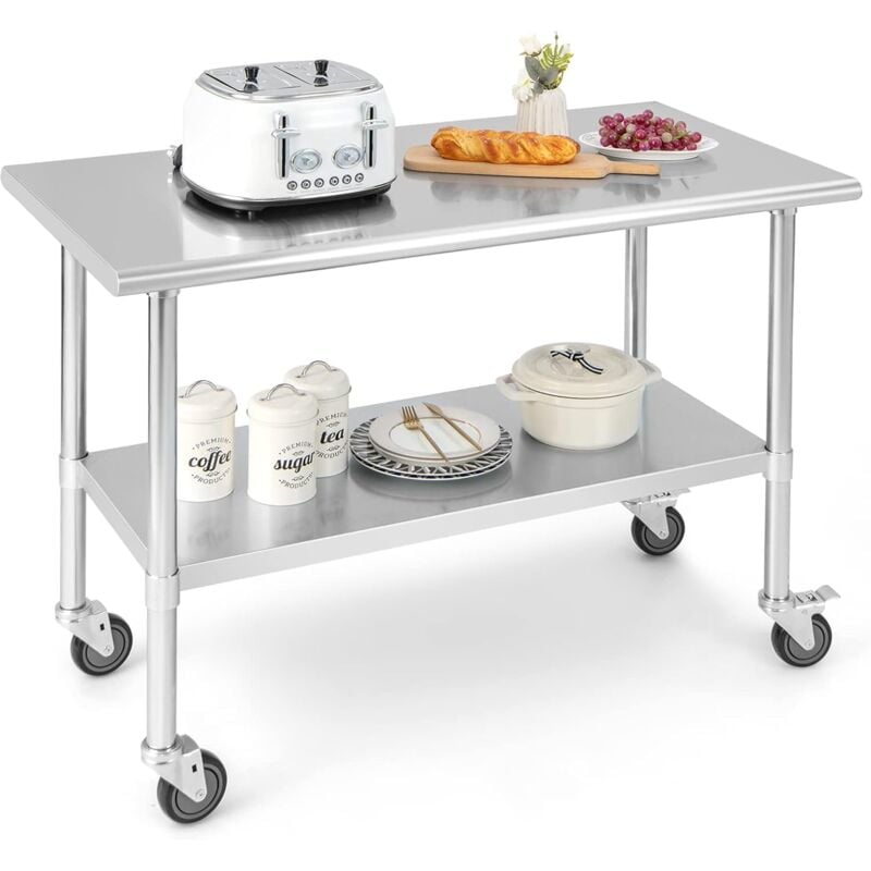 Costway - Table de Travail Cuisine en Acier Inoxydable à 2 Niveaux 122 x 61 cm, 2 Roues Verrouillables, Plateau Inférieure Réglable, Charge 250 kg,