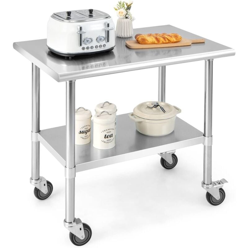 Costway - Table de Travail Cuisine 61 x 92 cm, en Acier Inoxydable à 2 Niveaux 2 Roues Verrouillables, Plateau Inférieure Réglable, Charge 250 kg,