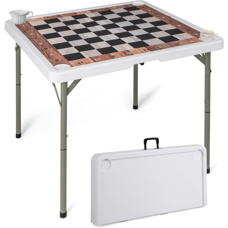 Table d'échecs Pliable 90x90cm avec Tapis & 4 Porte-gobelets, Table Carrée de Jeu en Plastique Portable avec Poignée & Patins Antidérapants, Table