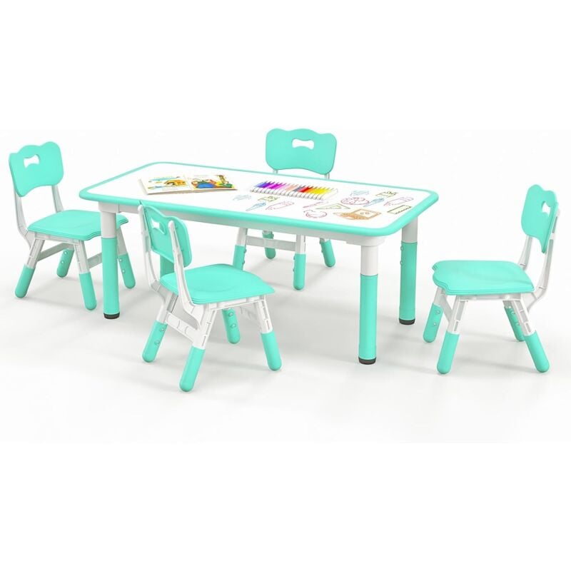 Table Enfant 120x60cm et 4 Chaises avec Plateau Graffiti & Hauteur Réglable, Table à Dessin Enfant en Bois avec Design Peu Encombrant, Charge 50/50kg